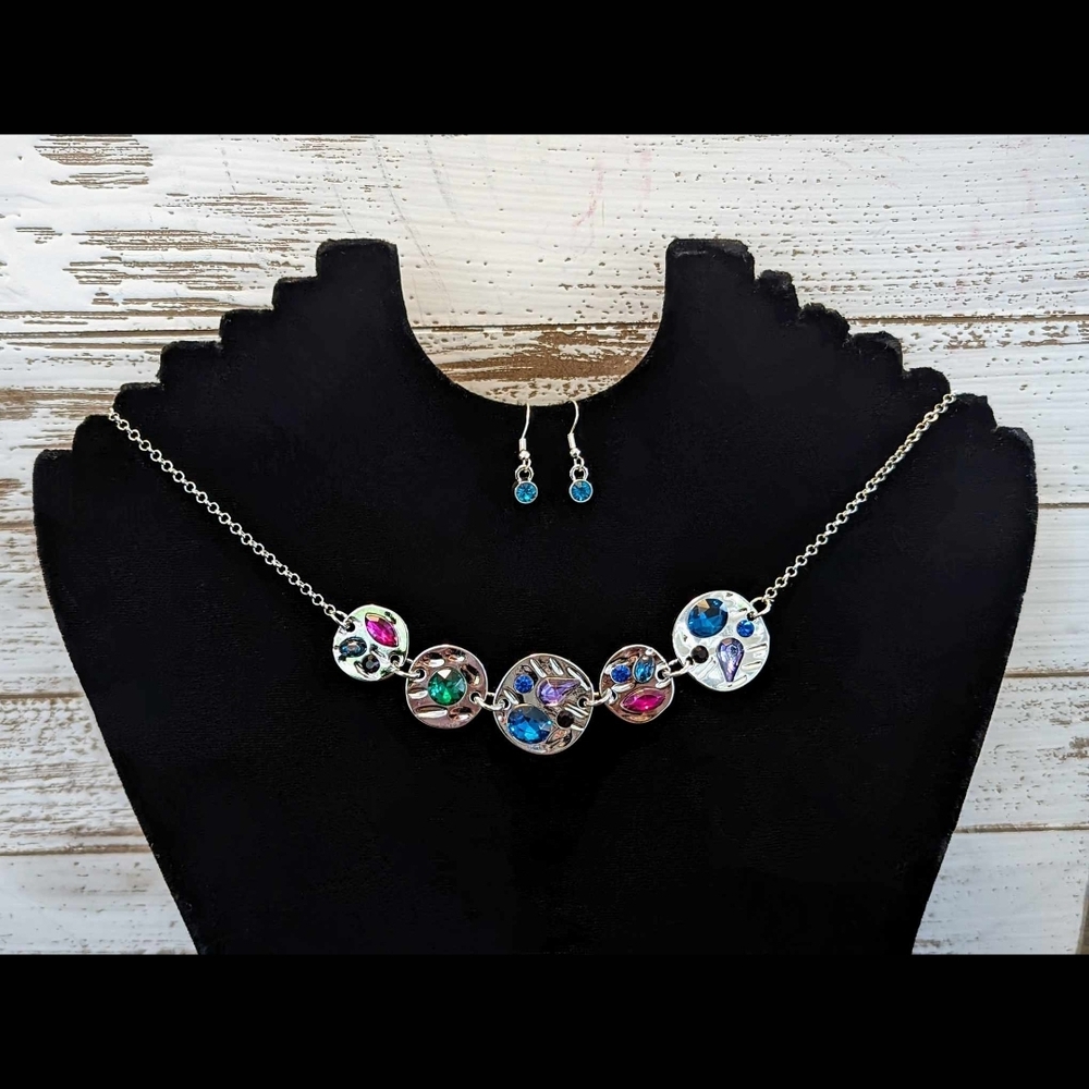 Blue and Pink Necklace with Silver Chain